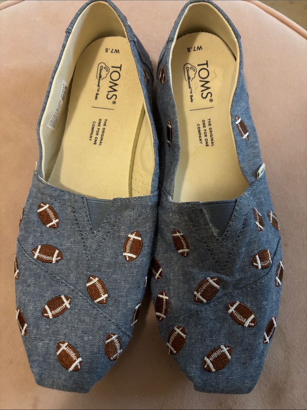 Toms Blue Chambray Slip-On Loafers with Football Embroidery